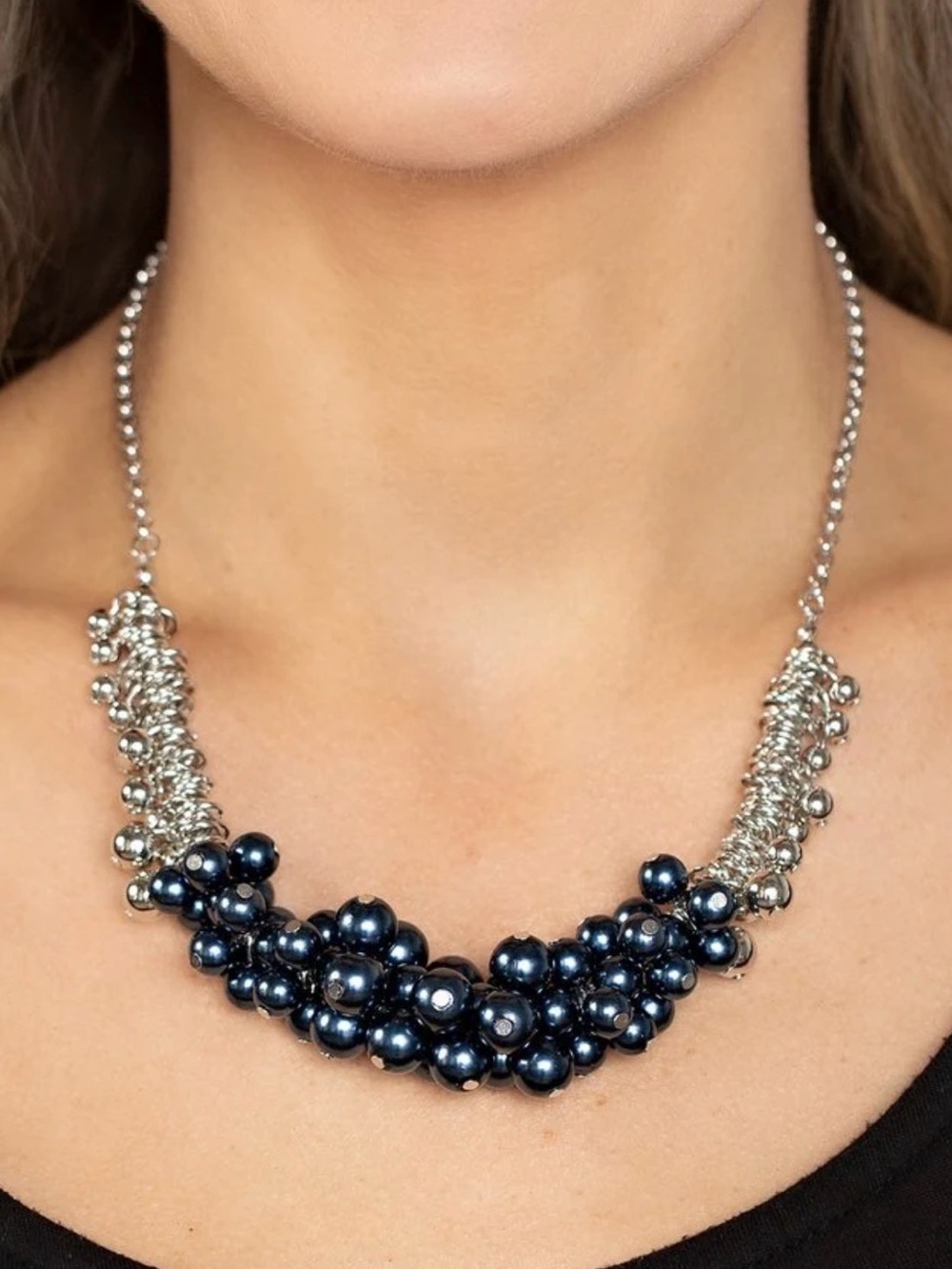 paparazzi Navy Pearl Cluster Statement Necklace